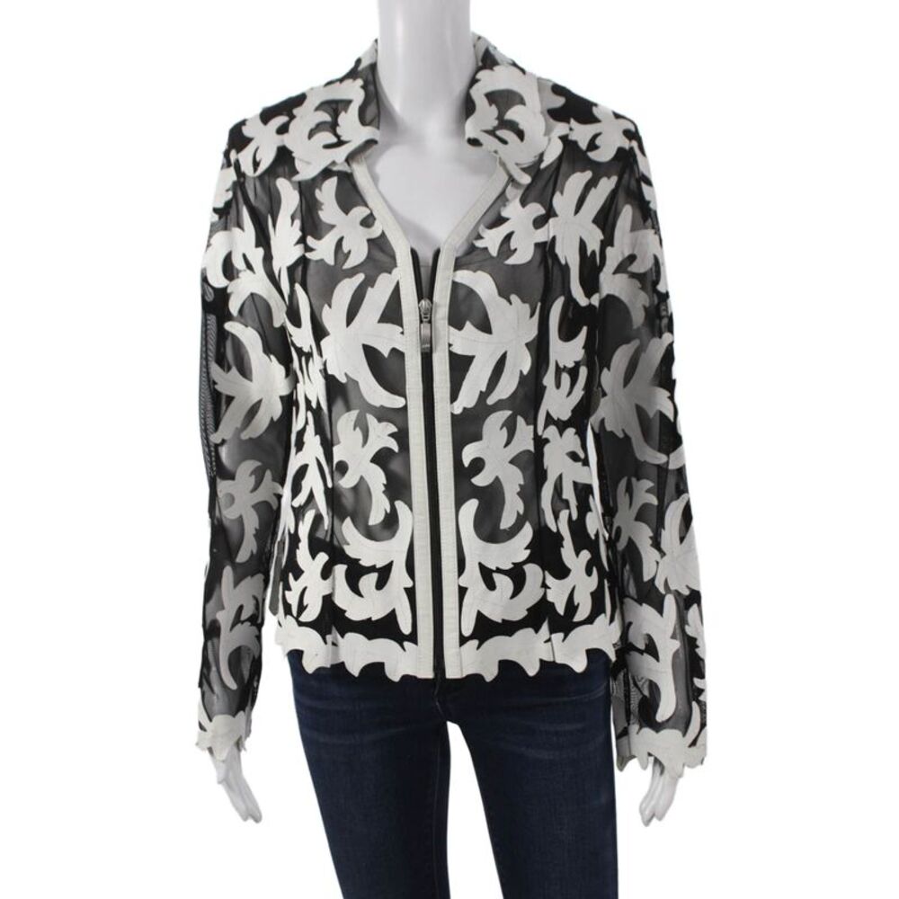 Natto Women Black Leather Floral Zip Long Sleeve Basic Jacket Size S